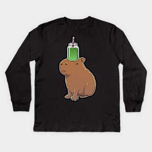 Capybara with a Green Smoothie on its head Kids Long Sleeve T-Shirt